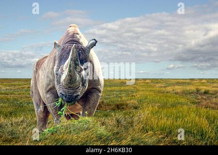 Ein afrikanisches Nashorn, das Gras auf einem offenen Feld frisst Stockfoto