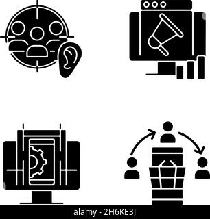 Digitale Kompetenz durch schwarze Glyphen-Symbole, die auf dem weißen Raum eingestellt sind Stock Vektor