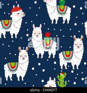 Weihnachts-Llama-Muster-Design mit mehreren Alpakas - lustiges handgezeichnetes Doodle, nahtloses Muster. Entzückende Weihnachtsfiguren. Handgezeichnetes Doodle-Set für k Stock Vektor