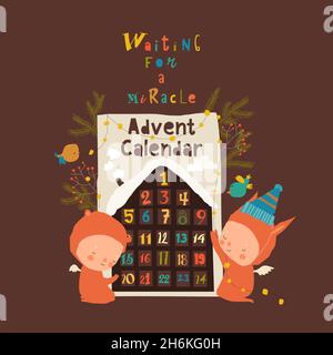 Cartoon kleine Engel mit Adventskalender und Girlande Stock Vektor