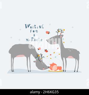 Cartoon niedlich Rentiere mit schlafen Engel. Frohe Weihnachten Stock Vektor