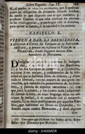 „die Chieftains of the Highlands kommen, um ihren Gehorsam zu leisten und sich Cortés zu bieten: Die Villa de la Vera-Cruz wird gebaut und in Verteidigung gestellt, wo neue Botschafter von Montezuma eintreffen...“ Gehorsam und Unterwerfung der Häupter des Hochlandes unter Hernán Cortés. 'Historia de la Conquista de México, población, y progressos de la América septentrional, conocida por el nombre de Nueva España' (Geschichte der Eroberung Mexikos, der Bevölkerung und des Fortschritts Nordamerikas, bekannt unter dem Namen Neuspanien). Geschrieben von Antonio de Solís y Rivadeneryra (1610-1686), Chronist der Indischen Inseln. V Stockfoto