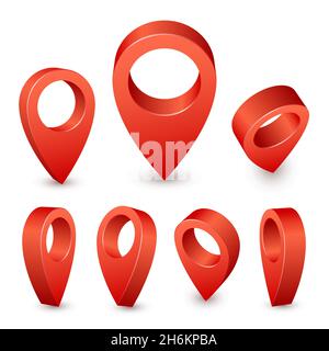 Kartenzeiger 3d-Stift. Rote Stiftmarkierung für den Reisetsplatz. Vektorsatz für Positionssymbole isoliert auf weißem Hintergrund Stock Vektor