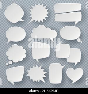Weiße Sprechblasen. Gedanken Text Blase Symbole, Origami sprudelnde Sprache Formen. Retro Comic Dialog Wolken Vektor-Set Stock Vektor