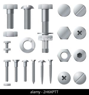 Metallschrauben. Nietkopf aus Stahl mit Schraubenmutter und Konstruktionselementen. Realistischer isolierter Vektorsatz für Schrauben Stock Vektor