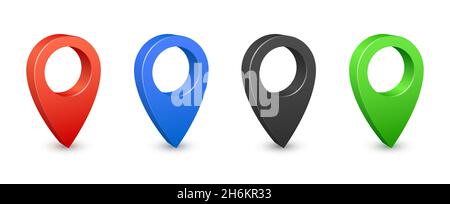 3D-Symbole für die Position der PIN-Karte. Farb-gps-Kartenpins. Ortsschilder und Zielschilder platzieren. Navigationsnadelzeiger Stock Vektor