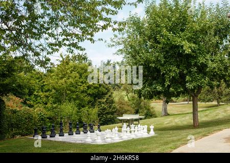 Bordeaux, France - 2019: Riesige Schachfiguren stehen im Park. Schachbrett zwischen grünem Gras und Bäumen. Konzept der intellektuellen Open-Air-Spiele, Freizeit Stockfoto