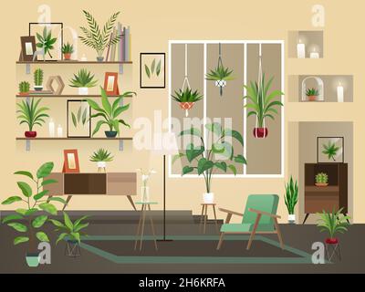 Blumen im Zimmer. Urban Home Interieur, Vektor-Wohnzimmer mit Pflanzen, Stühlen und Vase Stock Vektor