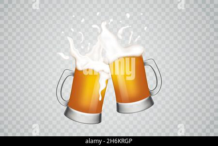 Kaltes Getränk mit weißem Schaum auf kariertem Hintergrund.Glaskrüge Bier.Glaskrüge Bier. Stock Vektor