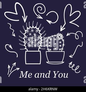 Herzen und Kaktus. Niedliche Liebe oder Freundschaft Kaktus Paar auf valentine Doodle-Karte mit Zuneigung Herzen in weißer Linie Stock Vektor