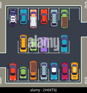 Blick von oben auf den Parkplatz. Viele Autos auf Parkzone, verschiedene Fahrzeuge auf Parkplatz von oben. Infografik für automatische Vektorgrafiken Stock Vektor