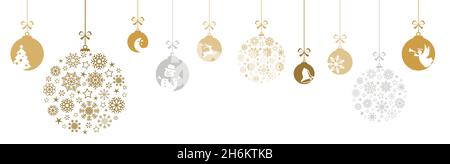 Hängende Kugeln in Gold mit verschiedenen abstrakten Ikonen für weihnachten und Winter Konzepte, Schneeflocken Kugeln und Grüße für weihnachten und Stock Vektor