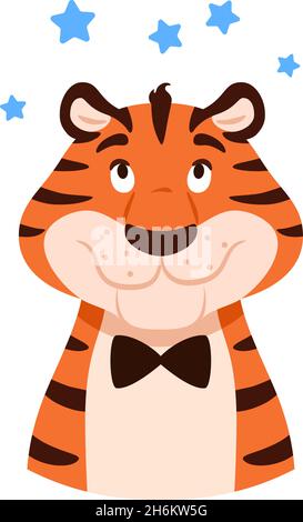 Niedlich lächelnd träumen Cartoon Tiger Porträt. Stock Vektor