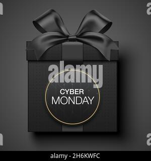 Cyber Monday Geschenkkarte Vektor-Design, mit einem Luxus-Stil schwarze Geschenkbox mit Satinband verpackt, und Schriftzug oval Label. Stock Vektor