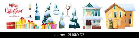 Fröhliche Weihnachten Hand Schriftzug Text mit Reihe von Street New Year Objekte. Geschenkschachteln, geschmückter Baum im Schnee, Häuser, Laterne. Stock Vektor