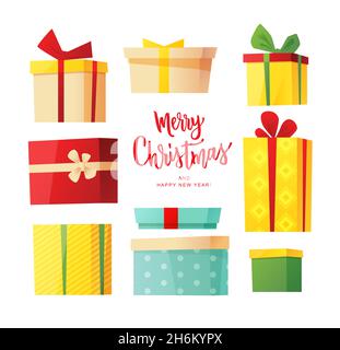 Verschiedene Geschenkboxen. Fröhliche Weihnachten Hand Schriftzug Text. Vektorgrafik. Stock Vektor