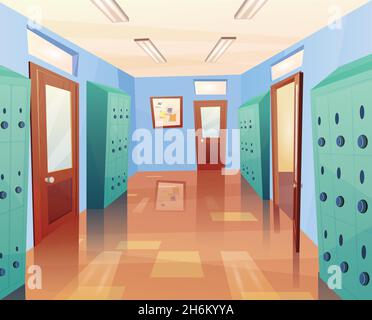 Schule, College-Flur mit offenen und geschlossenen Türen, Schließfächer, Tafel. Illustration für Kinder Spiel oder Web. Stock Vektor