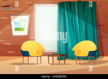 Wohnzimmer Cartoon Interieur mit Sesseln, Tisch, Bild an der Wand, ein Fenster und einen Vorhang. Ziegelwand mit Regalen. Stock Vektor