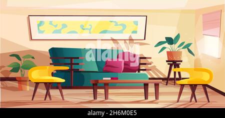Wohnzimmereinrichtung in modernem Stil. Illustration mit Sofa, Sesseln, Pflanzen in Töpfen, Tisch und Bild an der Wand. Stock Vektor