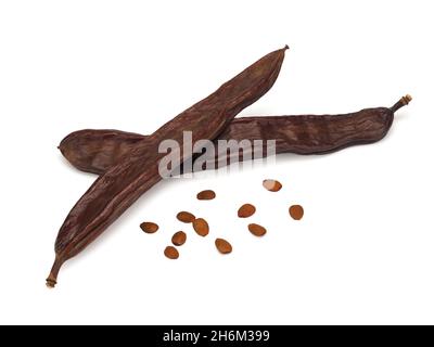 Johannisbrot, ceratonia-Früchte mit isolierten Samen auf weißem Hintergrund Stockfoto
