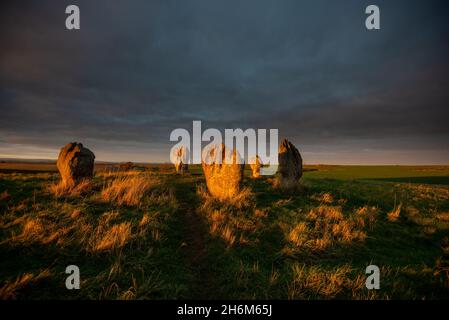 Duddo Stone Circle der nördlichste Steinkreis Englands bei Sonnenuntergang, North Northumberland, England, Großbritannien Stockfoto