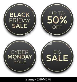 Black Friday und Cyber Monday im Premium-Stil mit goldenen Details, isoliert auf dem Hintergrund. Rabatt-Label-Vektor eingestellt. Stock Vektor