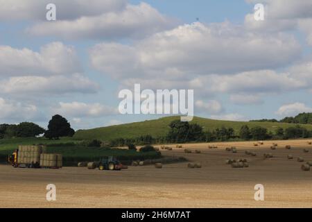 An einem Sommertag in der Nähe von Wakefield West Yorkshire in Großbritannien werden runde Heuballen von einem Traktor auf einen LKW gestapelt, um sie vom Feld zu transportieren Stockfoto