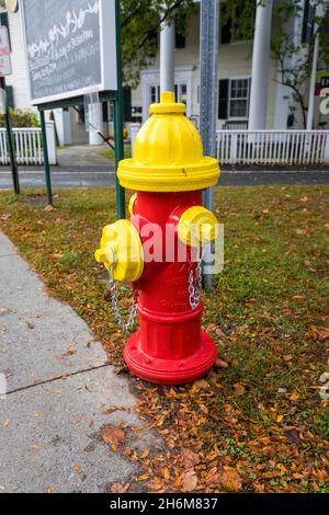 Typischer roter und gelber Hydrant am Straßenrand in Woodstock, Vermont, New England, USA Stockfoto