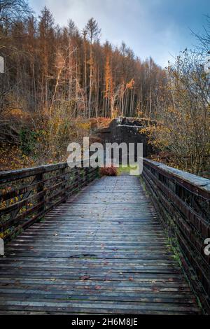 Die Flussbrücke von Avon Mellte an den Überresten der Gunpowder-Werke in Pontneddfechan, Südwales, Großbritannien. Stockfoto