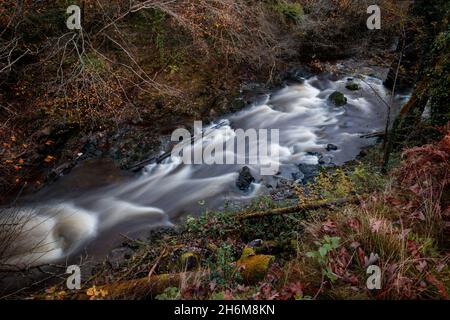 Der Fluss Avon Mellte in der Nähe der Überreste der Gunpowder-Werke in Pontneddfechan, Südwales, Großbritannien. Stockfoto