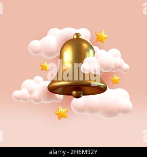 Benachrichtigung: Goldenes Glockensymbol Alarm- und Alarmsymbol. Gold Bell Benachrichtigungssymbol mit sanft rosa Wolken und Sternen. Realistisches 3d-Objekt. 3d-Vektordarstellung. Stock Vektor