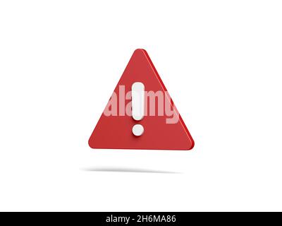 Rotes Warnschild isoliert auf weißem Hintergrund. Ausrufezeichen. Symbol für das Hinweisschild. Gefahrensymbol. 3d-Illustration. Stockfoto