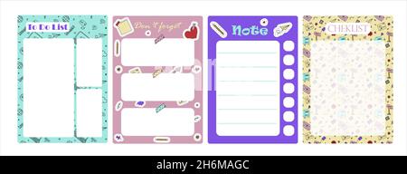 Vektor-Set von Wochenplaner, To-Do-Liste, Hinweis, Hintergrund. Schulplaner mit Doodle-Skizze. Handgezeichnete Elemente für E-Mail. Symbole mit Papier Stock Vektor