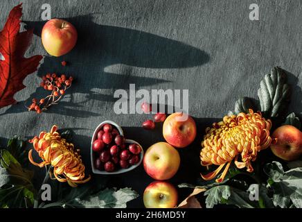 Orangefarbene Chrysanthemenblüten, trockenes Hasenschwanzgras, Kürbisse, Cranberry- und rote Eichenblätter. Eingepacktes Geschenk in der Hand. Herbstschmuck, Draufsicht im Dunkeln Stockfoto