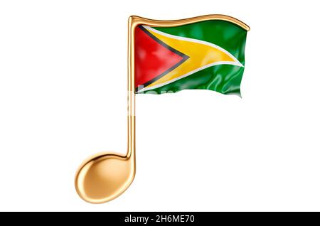 Musikalische Note mit guyanischer Flagge. Musik in Gayana, Konzept. 3D-Rendering auf weißem Hintergrund isoliert Stockfoto