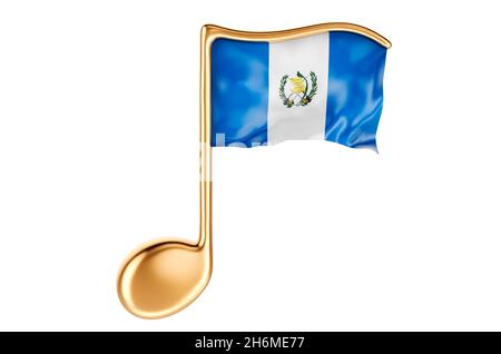 Musiknote mit guatemaltekischer Flagge. Musik in Guatemala, Konzept. 3D-Rendering auf weißem Hintergrund isoliert Stockfoto
