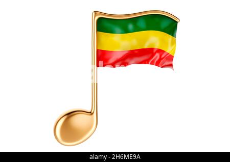 Musikalische Note mit rastafarischer Flagge. 3D-Rendering auf weißem Hintergrund isoliert Stockfoto