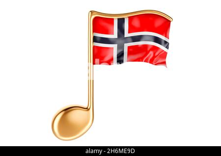 Musiknote mit norwegischer Flagge. Musik in Norwegen, Konzept. 3D-Rendering auf weißem Hintergrund isoliert Stockfoto