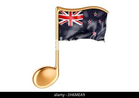Musiknote mit neuseeländischer Flagge. Musik in Neuseeland, Konzept. 3D-Rendering auf weißem Hintergrund isoliert Stockfoto