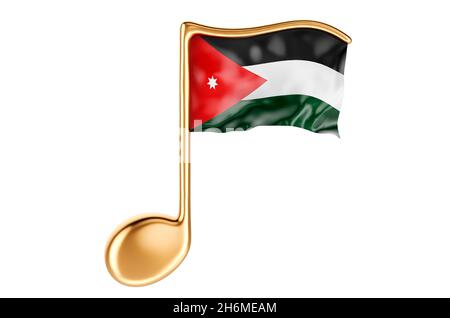 Musiknote mit jordanischer Flagge. Musik in Jordanien, Konzept. 3D-Rendering auf weißem Hintergrund isoliert Stockfoto