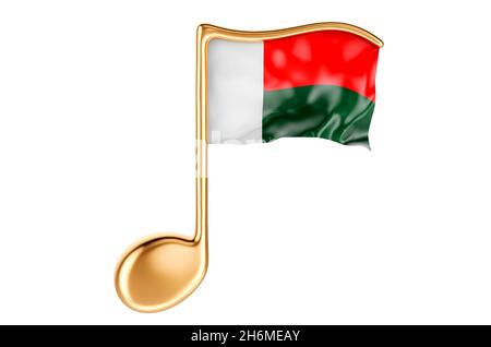 Musikalische Note mit Madagaskar-Flagge. Musik in Madagaskar, Konzept. 3D-Rendering auf weißem Hintergrund isoliert Stockfoto