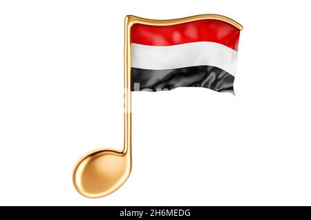 Musikalische Note mit jemenitischer Flagge. Musik im Jemen, Konzept. 3D-Rendering auf weißem Hintergrund isoliert Stockfoto