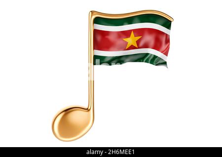 Musikalische Note mit surinamesischer Flagge. Musik in Surinam, Konzept. 3D-Rendering auf weißem Hintergrund isoliert Stockfoto