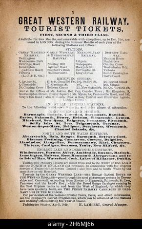 Vintage-Werbeseite aus einem Baddeley's gründliche Anleitung zum englischen Lake District von 1889. Mit der Great Western Railway. Stockfoto