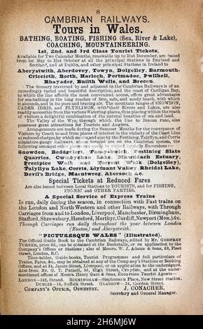 Vintage-Werbeseite aus einem Baddeley's gründliche Anleitung zum englischen Lake District von 1889. Mit den Cambrian Railways. Stockfoto