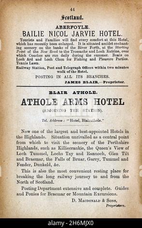 Vintage-Werbeseite aus einem Baddeley's gründliche Anleitung zum englischen Lake District von 1889. Mit Hotels in Schottland, Großbritannien. Stockfoto