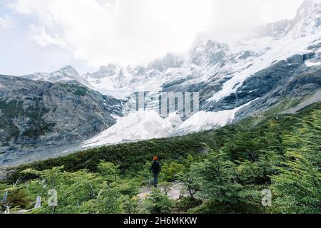 Eine Wanderin steht im französischen Tal mit Bergen im Hintergrund, Torres del Paine Nationalpark, Chile Stockfoto