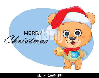 Frohe Weihnachten Grußkarte. Lustiger Bär im Weihnachtshut, der Kakao trinkt und Kekse isst. Niedliche kleine Bär Cartoon-Figur. Vektorgrafik für Aktien Stock Vektor