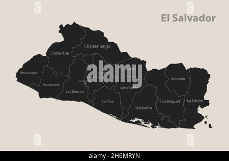 Schwarze Karte von El Salvador mit Namen von Regionen, Design Tafel Vektor Stock Vektor