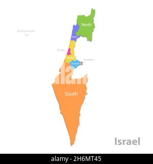 Israel-Karte, administrative Teilung, separate einzelne Regionen mit Namen, Farbkarte isoliert auf weißem Hintergrund Vektor Stock Vektor